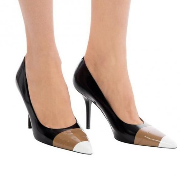 Burberry ALF Annalise 90 Patent Leather Pump Black/Tan/White Cap Toe NWT/NIB - Picture 1 of 17
